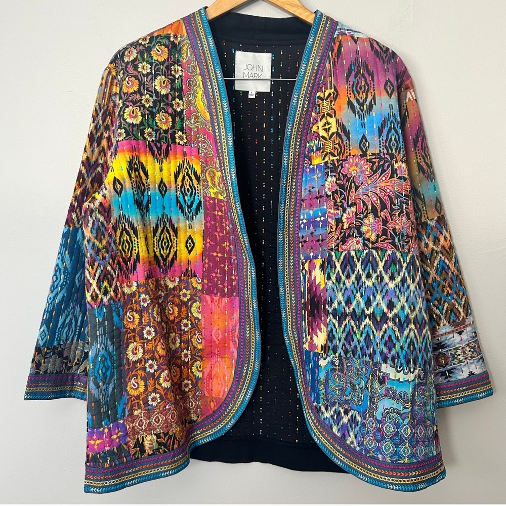 John Mark Jacket Womens L Multicolor Kantha Quilted Patchwork Boho Art to Wear